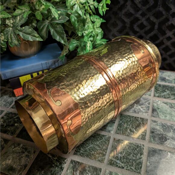 15" Tall Vintage Hammered Heavy Solid Brass & Copper Cylindrical Vase, Hong Kong - Picture 5 of 8